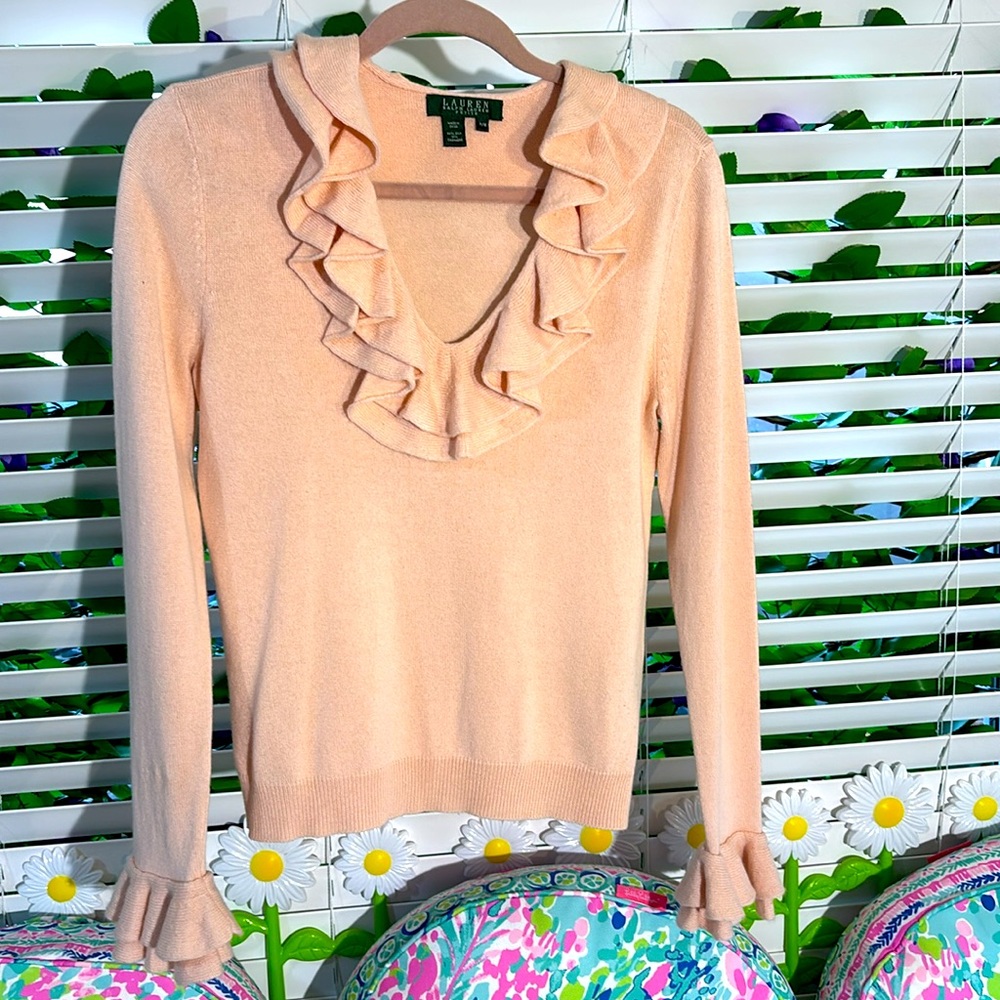 Lauren cashmere/silk blend, soft pink ruffle sweater